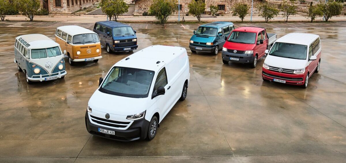 Der neue Transporter mit seinen Urahnen T1 bis T6 (v.l.n.r.).